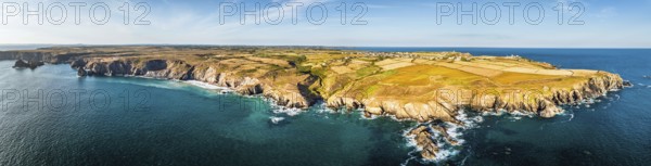 Panorama of Lizard Peninsula cliffs from a drone, South West Coast Path, Lizard, Cornwall, England,