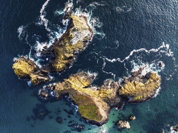 Top Down view over Kynance Cove from a drone, Mount's Bay, Lizard Point, Cornwall, England, United
