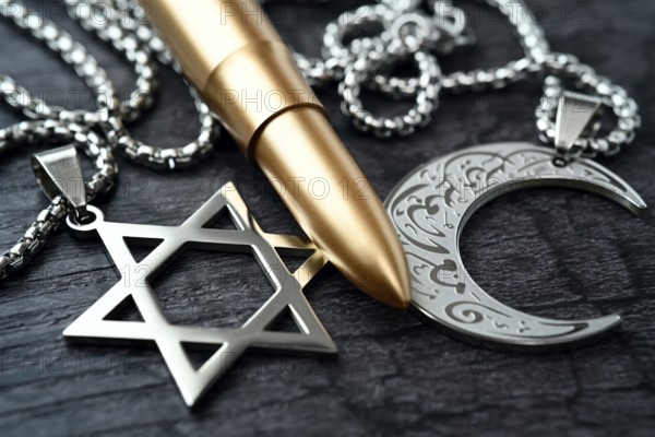 Rifle cartridge between chains with Star of David and crescent, symbolic photo Middle East and Gaza