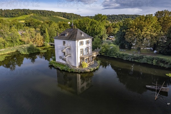 The Trappenseeschlösschen in the Trappensee in Heilbronn seen from the air, Baden-Württemberg,