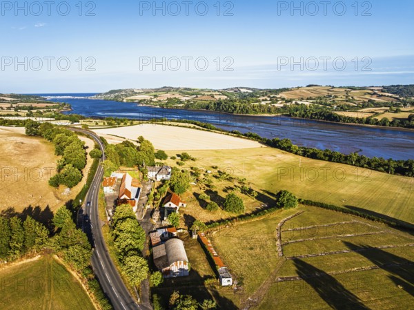 Farms and Fields over River Teign and Teignmouth Road from drone, Newton Abbot, Devon, England,