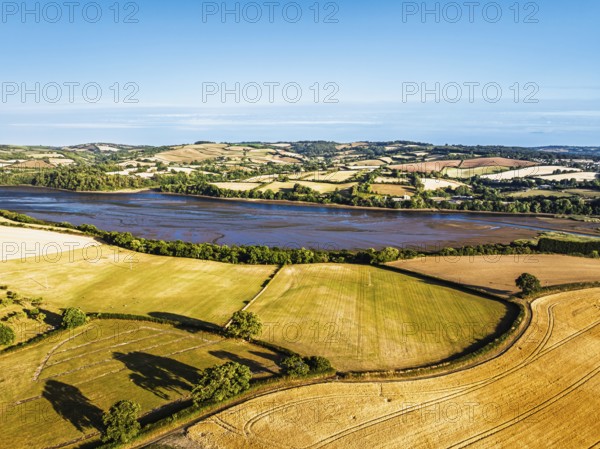Farms and Fields over River Teign and Teignmouth Road from drone, Newton Abbot, Devon, England,