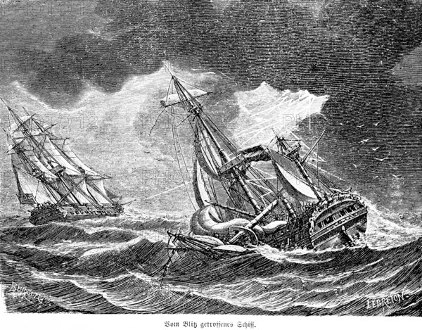 Ship struck by lightning, at sea, heavy seas, sailing ships, inventions in the 18th century,
