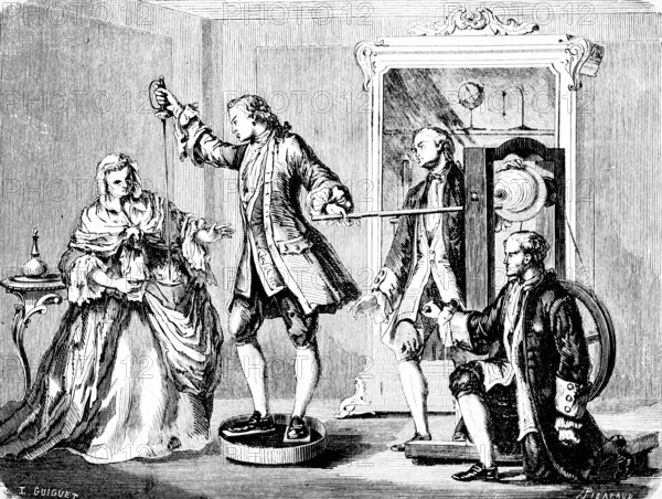 Ignition of spirit of wine by electric spark, insulating stool, rod, experiment, inventions in the