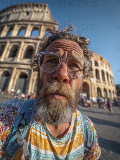 An elderly man takes an unflattering selfie with his smartphone in front of the Colosseum in Rome,