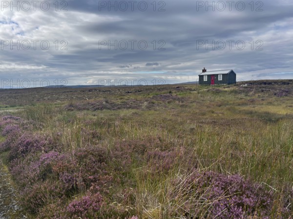 Lonely hut in a vast moorland landscape with cloudy sky, Isle of Lewis Hebrides, Scotland, Great