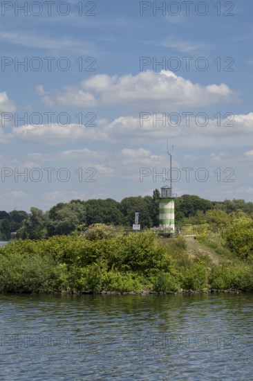Lighthouse on the island on Lake Kemnader, Heveney, Witten, Ruhr area, North Rhine-Westphalia,