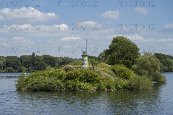 Lighthouse on the island on Lake Kemnader, Heveney, Witten, Ruhr area, North Rhine-Westphalia,