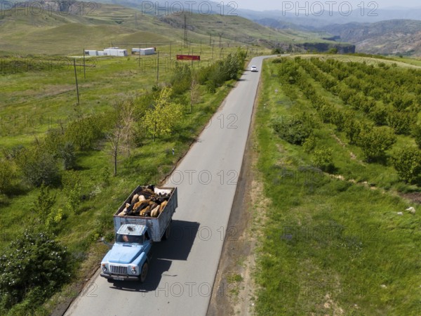 A lorry driving on a country road surrounded by green countryside, aerial view, lorry transporting