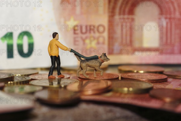 Miniature figure man with miniature shepherd dog on a lead, with coins and ten euro note North