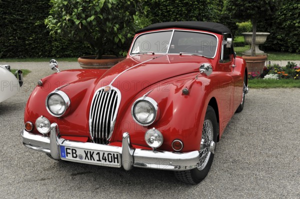 Jaguar Coupe, Vintage car, Red Jaguar vintage car with an elegant and classic design on gravel