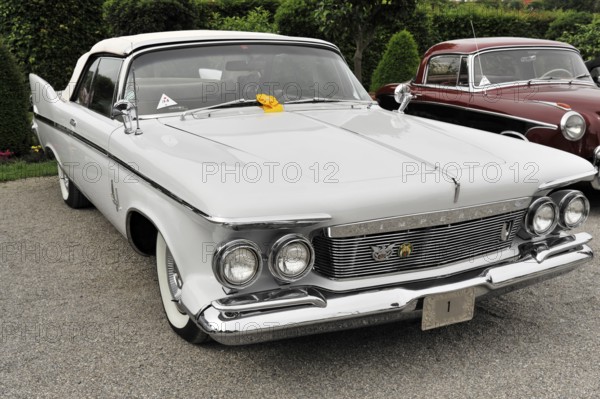 Chrysler S Imperial Crown, Classic car, White classic car with an elegant vintage look on a gravel