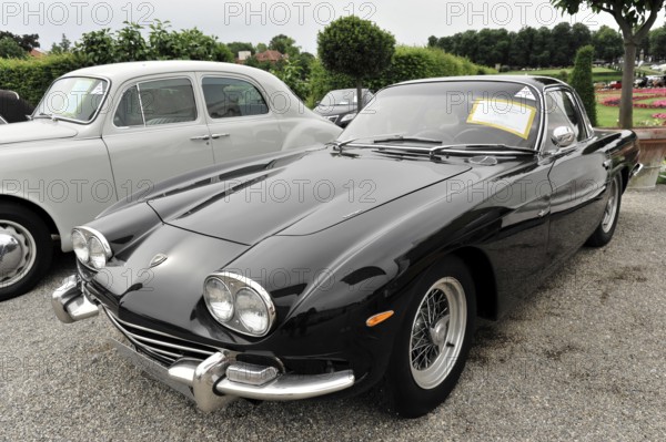 Lamborghini 400 GT, Classic car, Elegant black sports car stands next to another white classic car,