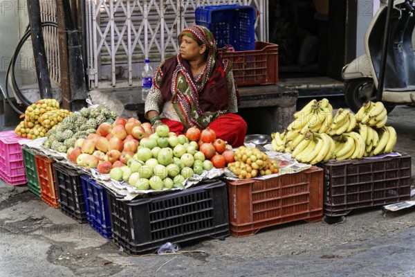 Udaipur, Rajasthan, North India, Asia, woman selling various fruits in plastic boxes at a market
