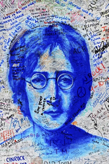 John Lennon wall, graffiti, Prague, Czech Republic, Europe, close-up of a blue portrait of John