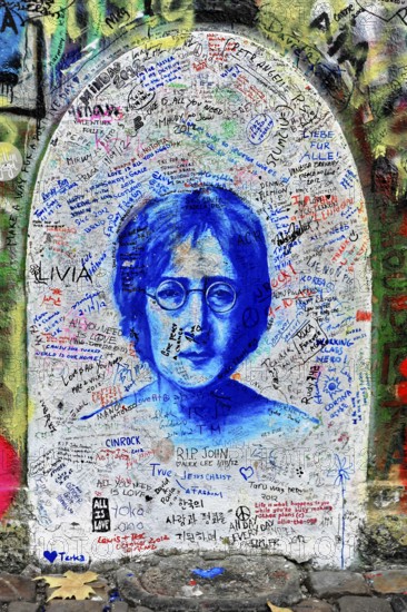 John Lennon wall, graffiti, Prague, Czech Republic, Europe, John Lennon's portrait in blue with