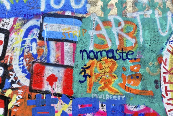 John Lennon Wall, Graffiti, Prague, Czech Republic, Europe, Colourful graffiti wall with flags and
