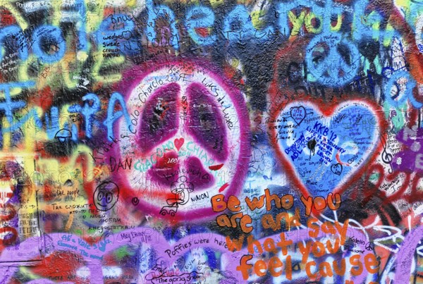 John Lennon Wall, Graffiti, Prague, Czech Republic, Europe, Colourful graffiti with peace and heart