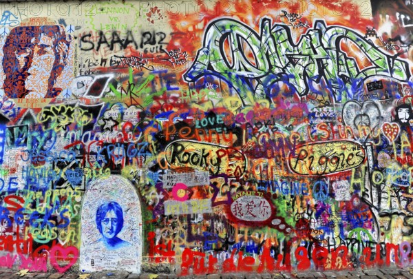 John Lennon Wall, Graffiti, Prague, Czech Republic, Europe, Colourful graffiti wall with portrait