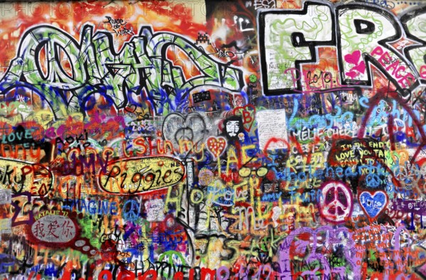 John Lennon Wall, Graffiti, Prague, Czech Republic, Europe, Lively and colourful graffiti full of