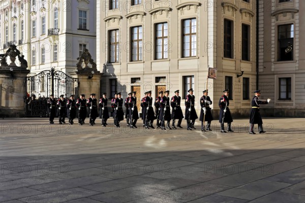 Changing of the guard at Prague Castle, Hradcany, Prague, Czech Republic, Europe, Group of soldiers