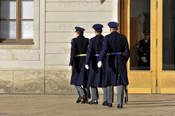 Changing of the guard at Prague Castle, Hradcany, Prague, Czech Republic, Europe, Three soldiers in