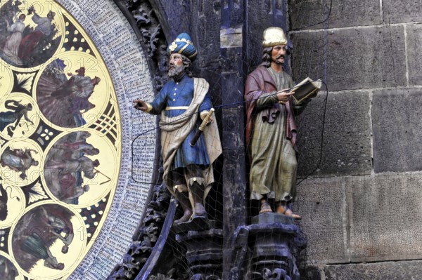 Old Town Hall, Old Town Square, Prague, Czech Republic, Detailed statues next to the astronomical