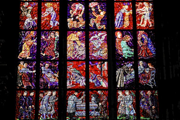 St Vitus or St Vitus Cathedral, Hradcany, Prague, Czech Republic, Europe, Close-up of a stained