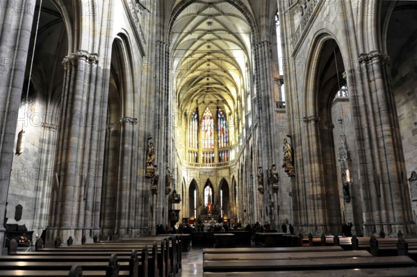 St Vitus or St Vitus Cathedral, Hradcany, Prague, Czech Republic, Europe, Elongated nave with pews