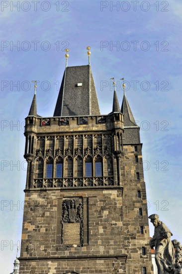 Prague, Czech Republic, Europe, Historic, mighty tower in Gothic style with battlements and
