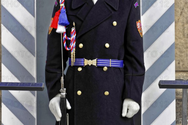 Prague, Czech Republic, Europe, Ceremonially dressed soldier in blue uniform with conspicuous belt