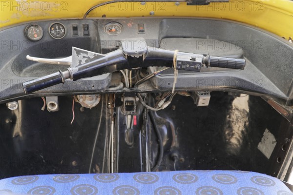 Kota, Rajasthan, North India, Asia, Interior view of an old vehicle with view of steering wheel and