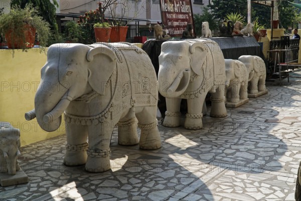 Udaipur, Rajasthan, North India, India, Asia, Row of stone elephant sculptures in an art gallery in