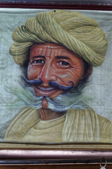 Painting, Sale, Souvenir, Udaipur, Rajasthan, India, Asia, Painting of a smiling man with turban