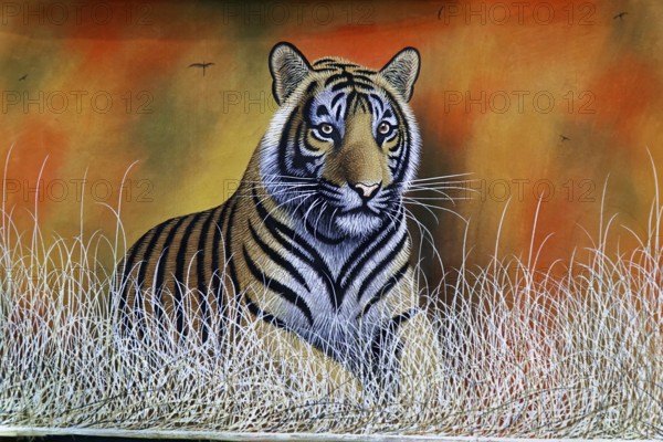 Painting, Sale, Souvenir, Udaipur, Rajasthan, India, Asia, Painting of a tiger in a savannah at