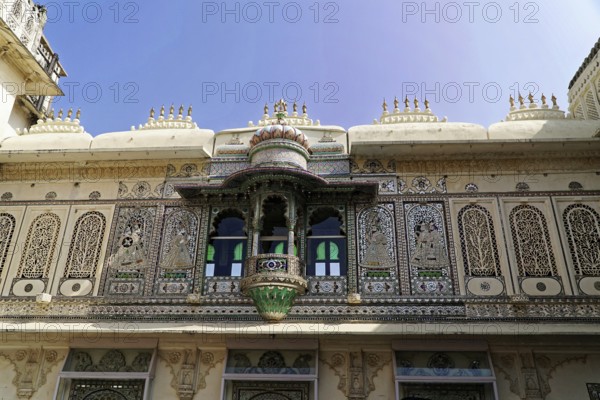City palace, Udaipur, Rajasthan, India, Asia, Detailed decorated façade with mosaic and ornate