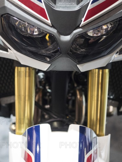 Sporty motorbike front with stripe pattern and innovative headlight design, dortmund, deutchland