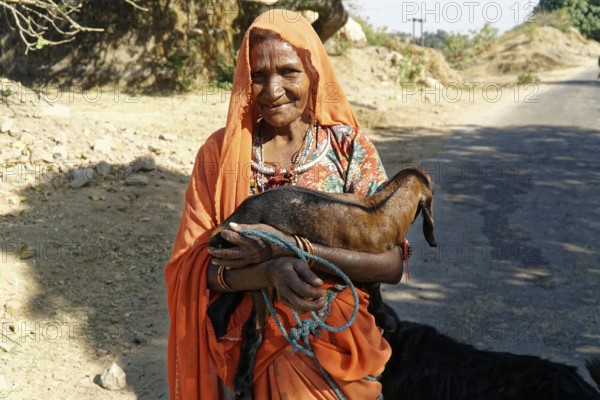 Elderly woman in traditional dress holding a goat in a rural area, Ranakpur, Jodhpur, Rajasthan,