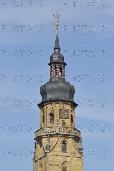 Late Gothic church tower of the Church of the Assumption of the Virgin Mary, Bad Königshofen, Rhön,