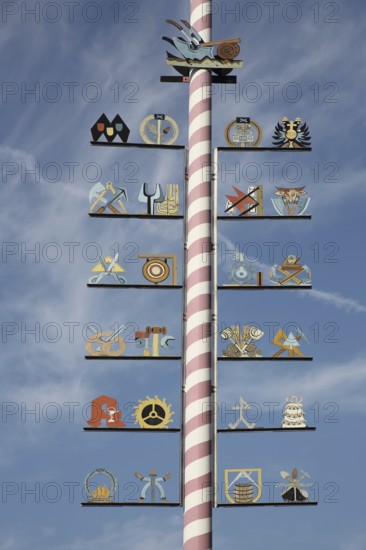 Guild pole with symbols for historical professions, pole with guild sign, craftsman, craft,