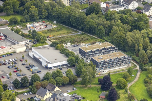 Aerial view, construction site with new residential quarter An der Schlacht, behind Lidl