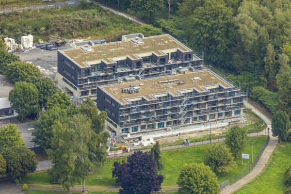 Aerial view, construction site with new residential quarter An der Schlacht am Fluss Ruhr,