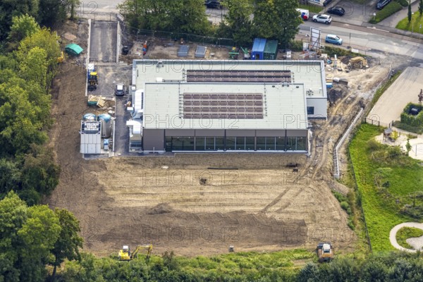 Aerial view, construction site with new swimming pool, school and club pool, Auf der Alm, Lasmecke,
