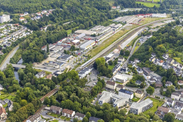 Aerial view, Arnsberg railway station, Zu den Werkstätten industrial estate, below Ruhrblick senior