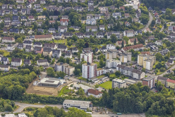 Aerial view, high-rise housing estate Lasmecke, below construction site with new swimming pool with