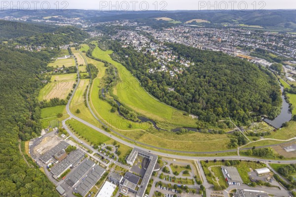 Aerial view, old town with river Ruhr Ruhrbogen at the forest area Eichholz, weir and camel bridge