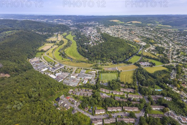 Aerial view, old town with river Ruhr Ruhrbogen at the forest area Eichholz, weir and camel bridge