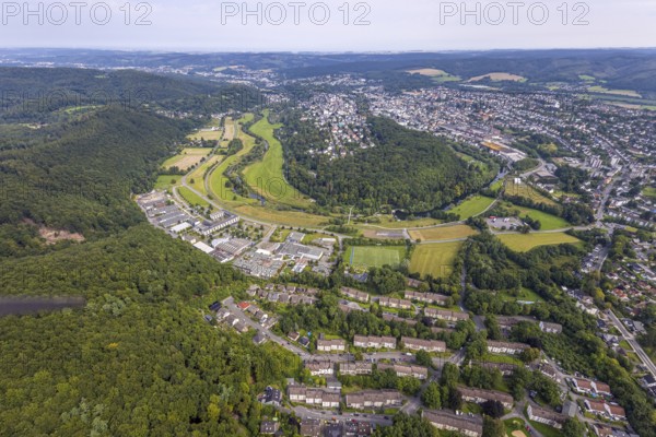 Aerial view, old town with river Ruhr Ruhrbogen at the forest area Eichholz, weir and camel bridge