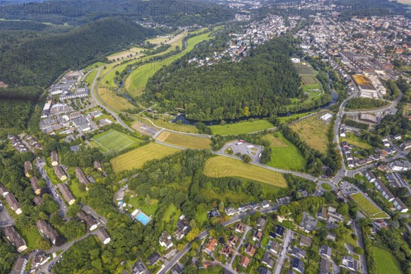 Aerial view, old town with river Ruhr Ruhrbogen at forest area Eichholz, weir and camel bridge at