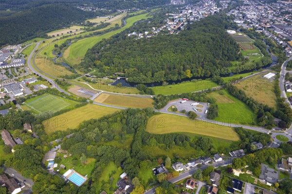 Aerial view, old town with river Ruhr Ruhrbogen at forest area Eichholz, weir and camel bridge at